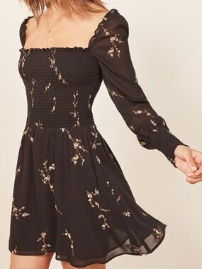 Reformation Black Floral Kelli Smocked Bodice Fit & Flare Mini Dress